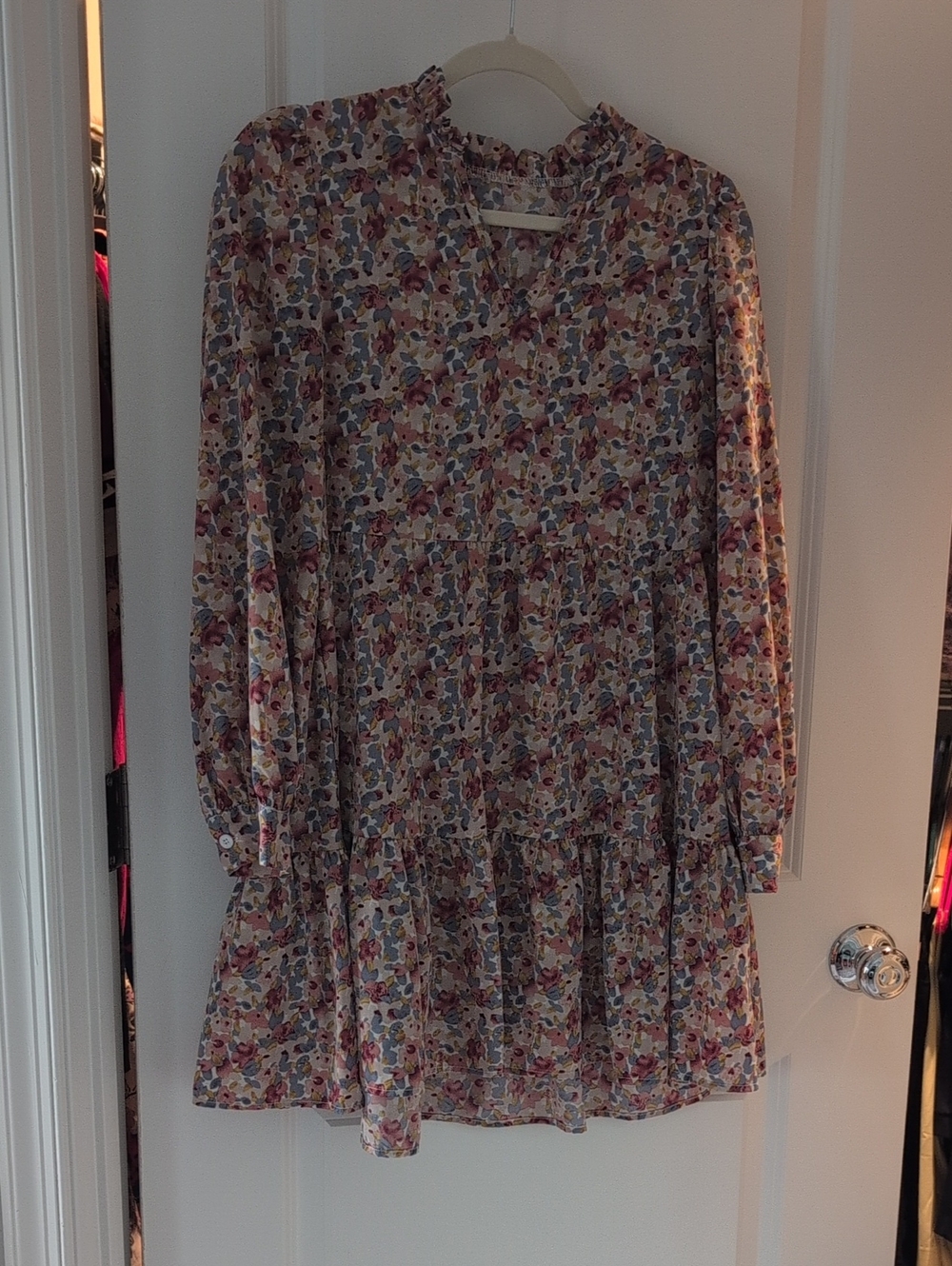 Floral Long-Sleeve Tiered Mini Dress - Pink & Blue Bloom